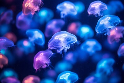 Colorful Glowing Jellyfish in Dark Water