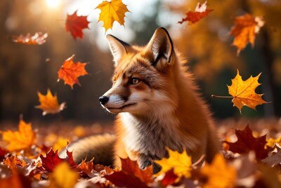 Red fox in autumn leaves