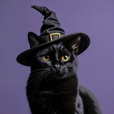 Black cat wearing witch hat