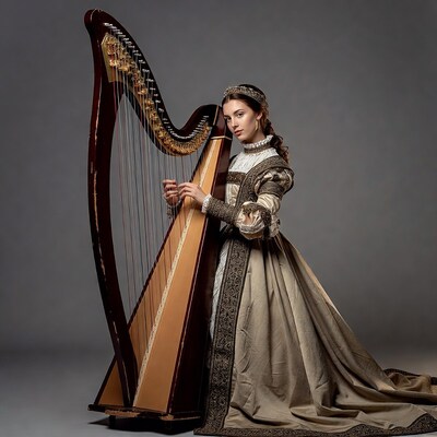 Woman playing harp in Renaissance gown