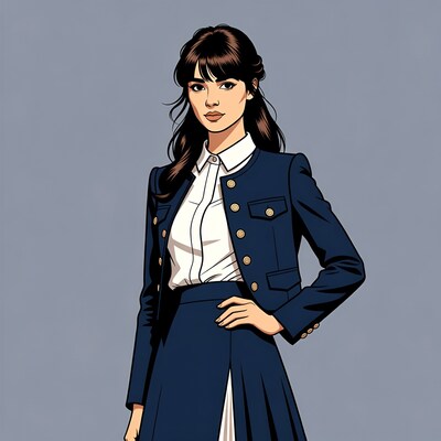 Woman in navy uniform skirt suit