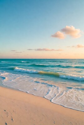 Turquoise waves crashing on sandy beach