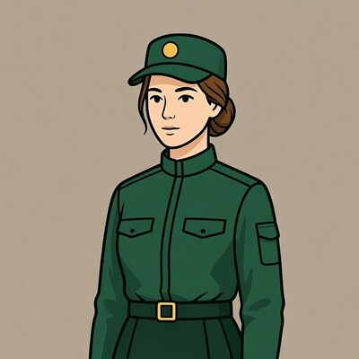 Asian woman in green military uniform