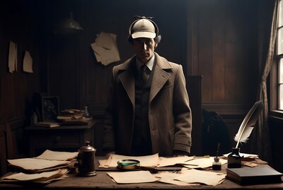Detective in deerstalker at desk