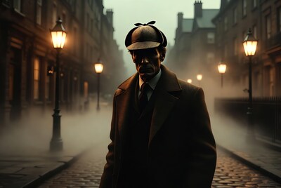 Sherlock Holmes in foggy Victorian street