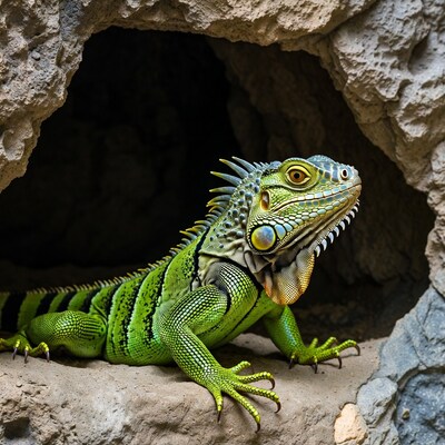 Green iguana in rocky cave
