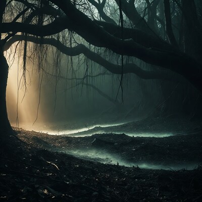 Misty Dark Forest with Sun Rays