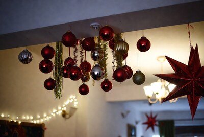 Red and Silver Christmas Ornaments Hanging