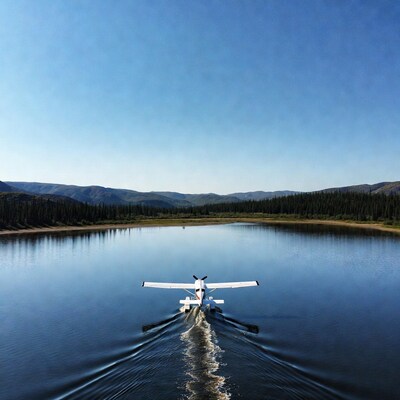 Seaplane taxiing on mountain lake