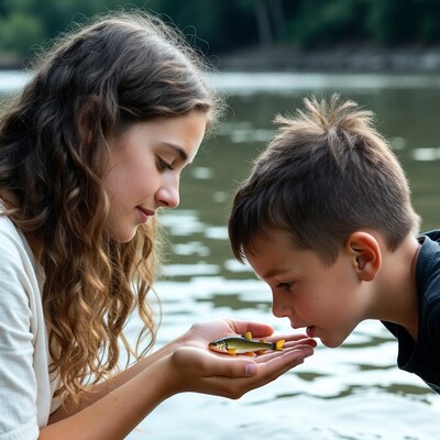 Girl and boy examining small fish by river