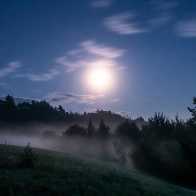 Full Moon Over Misty Forest Hillside