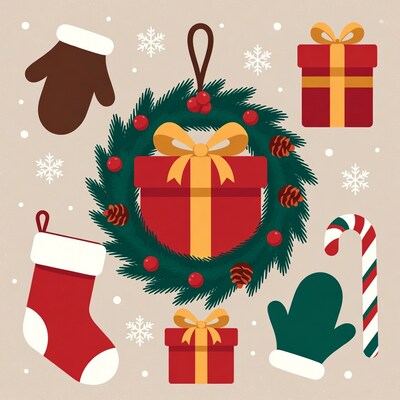 Christmas Wreath with Gifts and Stocking