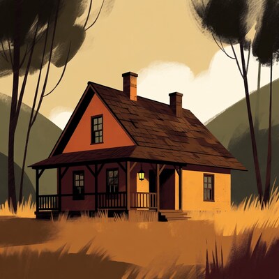 Red Cabin in Forest with Lantern