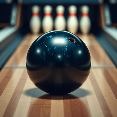 Black Bowling Ball Approaching Pins