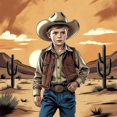 Boy cowboy in desert sunset