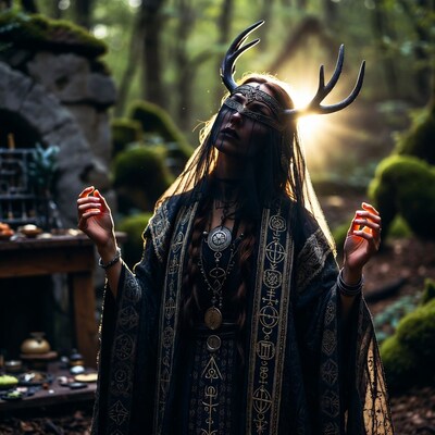 Woman with antlers in mystical forest