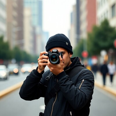 Man photographing with camera in city street