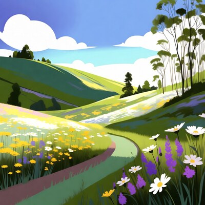 Winding Path Through Wildflower Hills