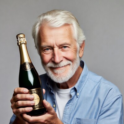 Elderly man holding champagne bottle
