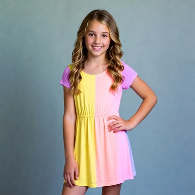 Girl in colorful yellow pink dress