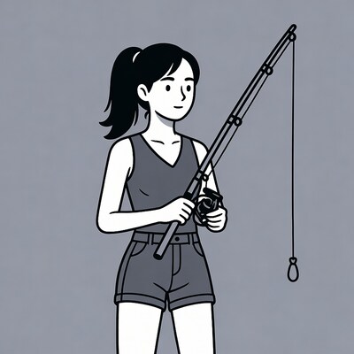 Asian woman fishing with rod