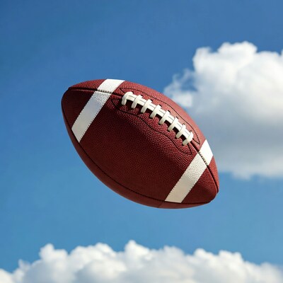 Football flying in blue sky