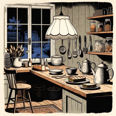 Cozy rustic kitchen at night