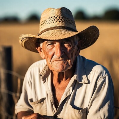 Elderly man in straw hat wheat field
