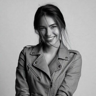 Smiling woman in leather jacket