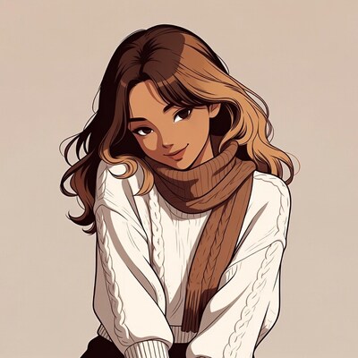 Smiling woman in white sweater and scarf