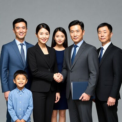 Asian business team shaking hands with boy