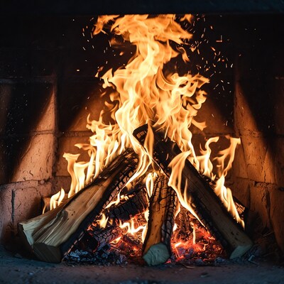 Blazing Fire in Stone Fireplace