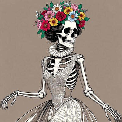 Skeleton woman in floral crown and gown