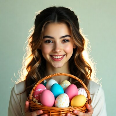 Girl holding Easter basket eggs