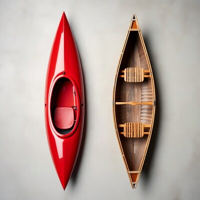 Red Kayak and Wooden Canoe