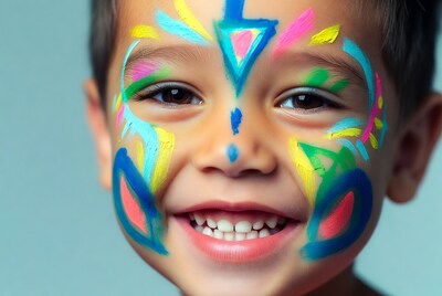 Boy with colorful face paint smiling