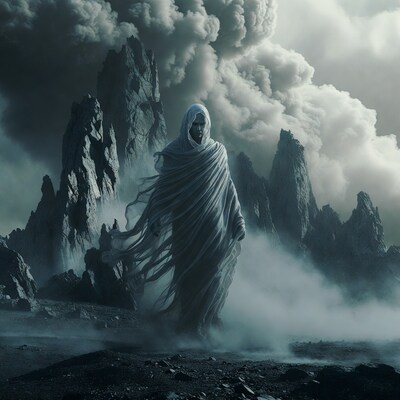 Hooded Figure in Misty Mountains
