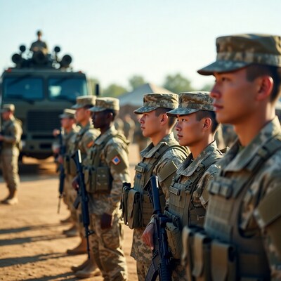 Asian soldiers standing in line with rifles