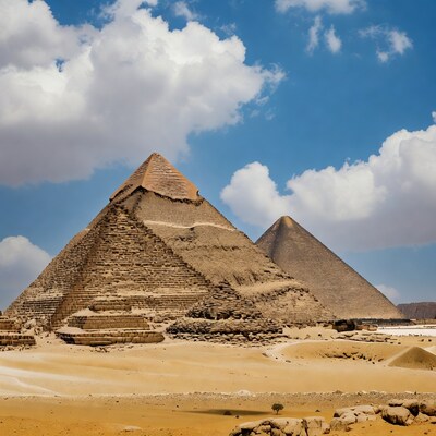 Giza Pyramids in Desert Landscape