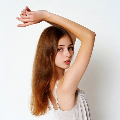 Girl raising arms in white dress