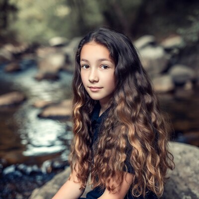 Girl sitting by forest stream
