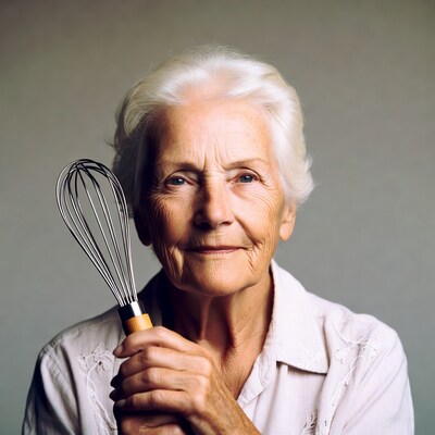 Elderly woman holding whisk