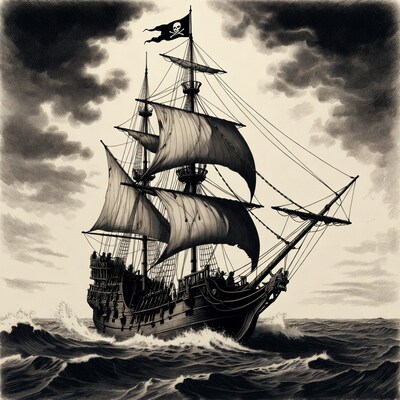 Pirate Ship Sailing in Stormy Seas