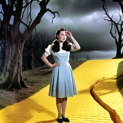 Dorothy standing on yellow brick road