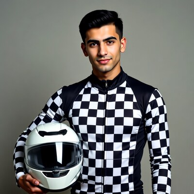 Young man holding white racing helmet