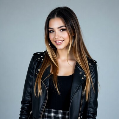 Smiling woman in leather jacket