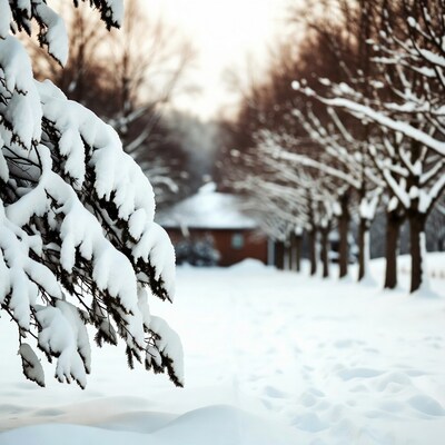 Snowy Trees Path to Cabin