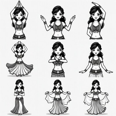 Asian Woman Belly Dancing Poses Illustration