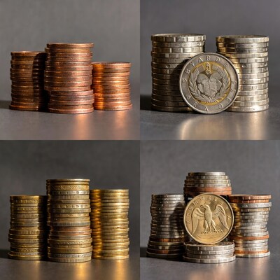 Stacks of World Coins on Gray Background