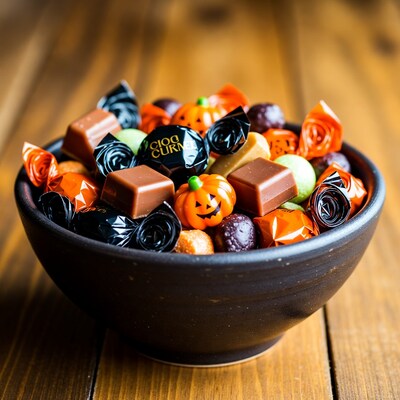 Halloween Candy Bowl on Wooden Table